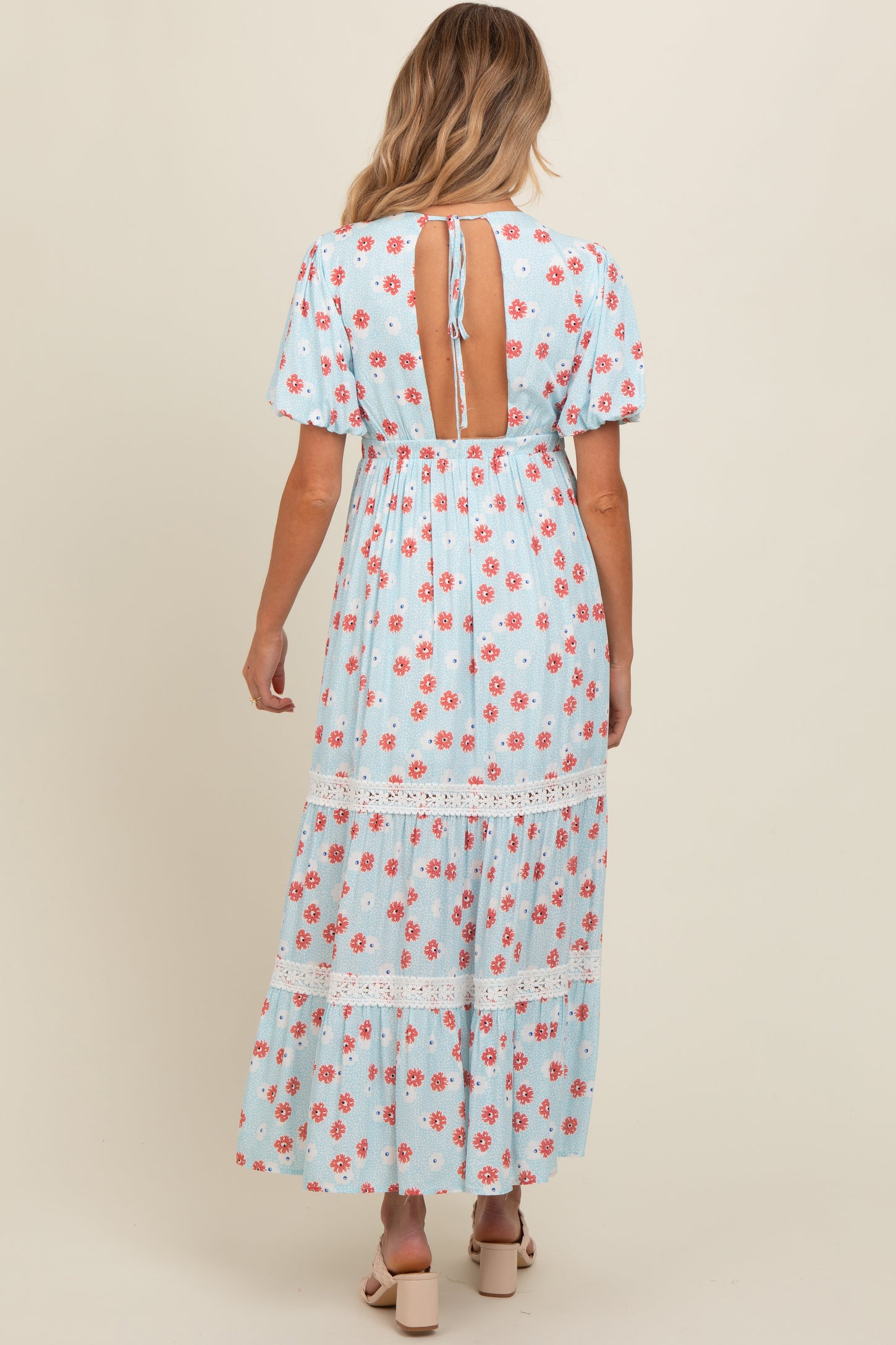 Light Blue Floral Lace Trim Maternity Maxi Dress