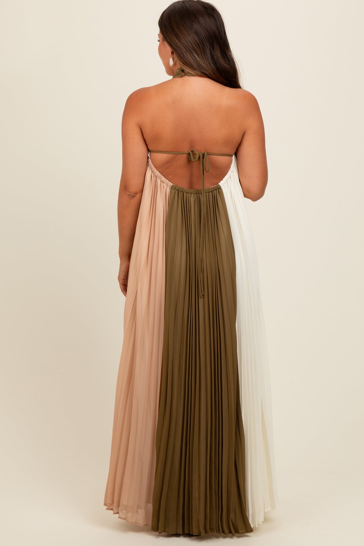 Olive Colorblock Pleated Halter Neck Maternity Maxi Dress
