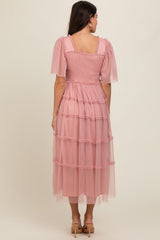 Pink Ruffled Mesh Maxi Dress