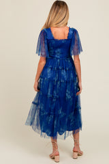 Blue Floral Smocked Tulle Maternity Maxi Dress