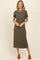Olive Green Ribbed Embroidered Trim Short Sleeve Midi Dress