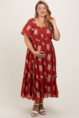 Rust Floral Print Ruffle Hem Maternity Plus Midi Dress