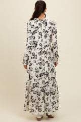 Black Floral Button Front Tiered Long Sleeve Maxi Dress