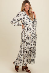 Black Floral Button Front Tiered Long Sleeve Maternity Maxi Dress