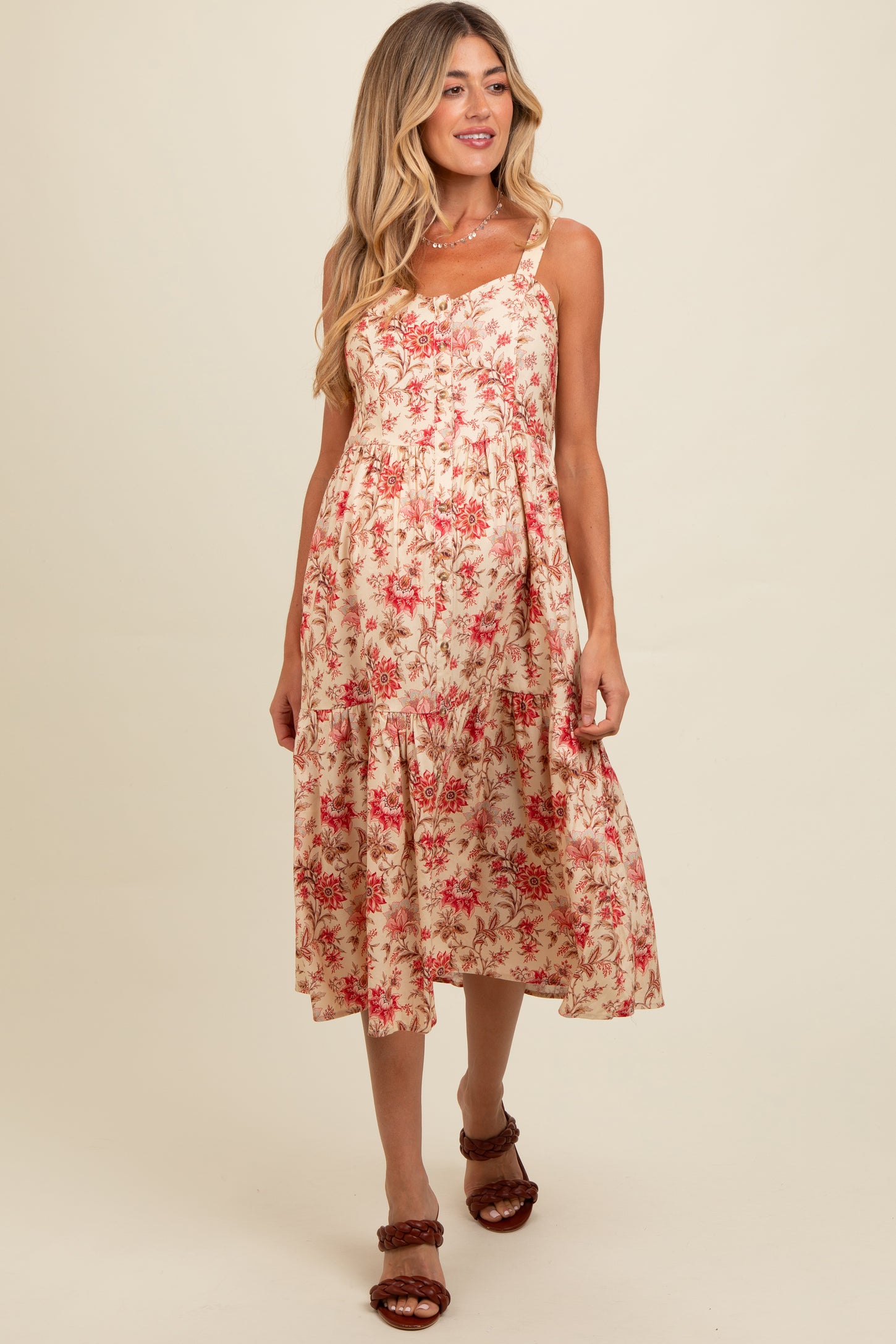 Cream Floral Sweetheart Neck Button Down Maternity Midi Dress