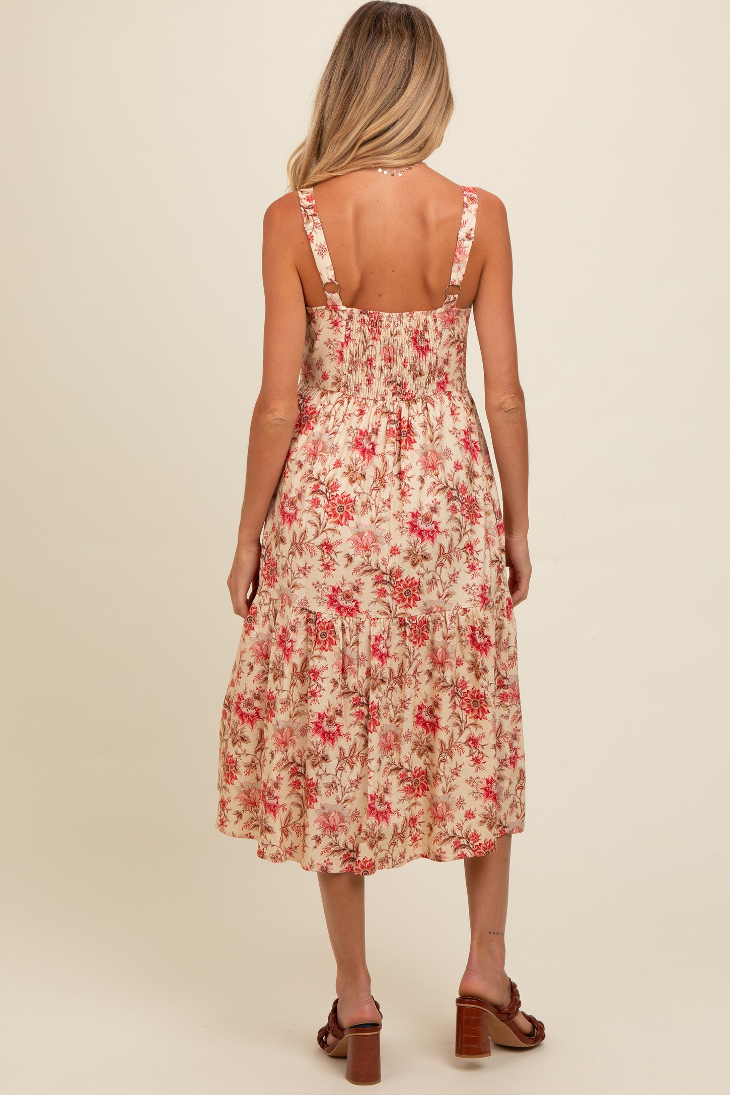 Cream Floral Sweetheart Neck Button Down Maternity Midi Dress