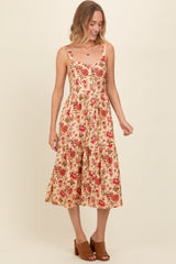 Cream Floral Sweetheart Neck Button Down Maternity Midi Dress