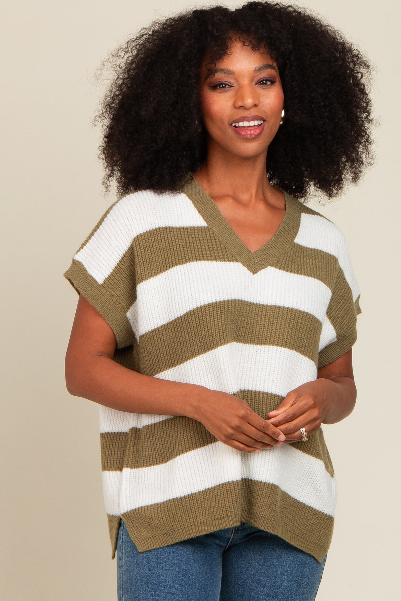 Olive Striped V-Neck Sweater Top