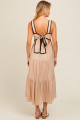 Beige Scallop Trim Tiered Midi Dress