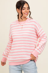 Light Pink Striped Crew Neck Maternity Sweater