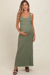 Light Olive Striped Sleeveless Maternity Maxi Dress