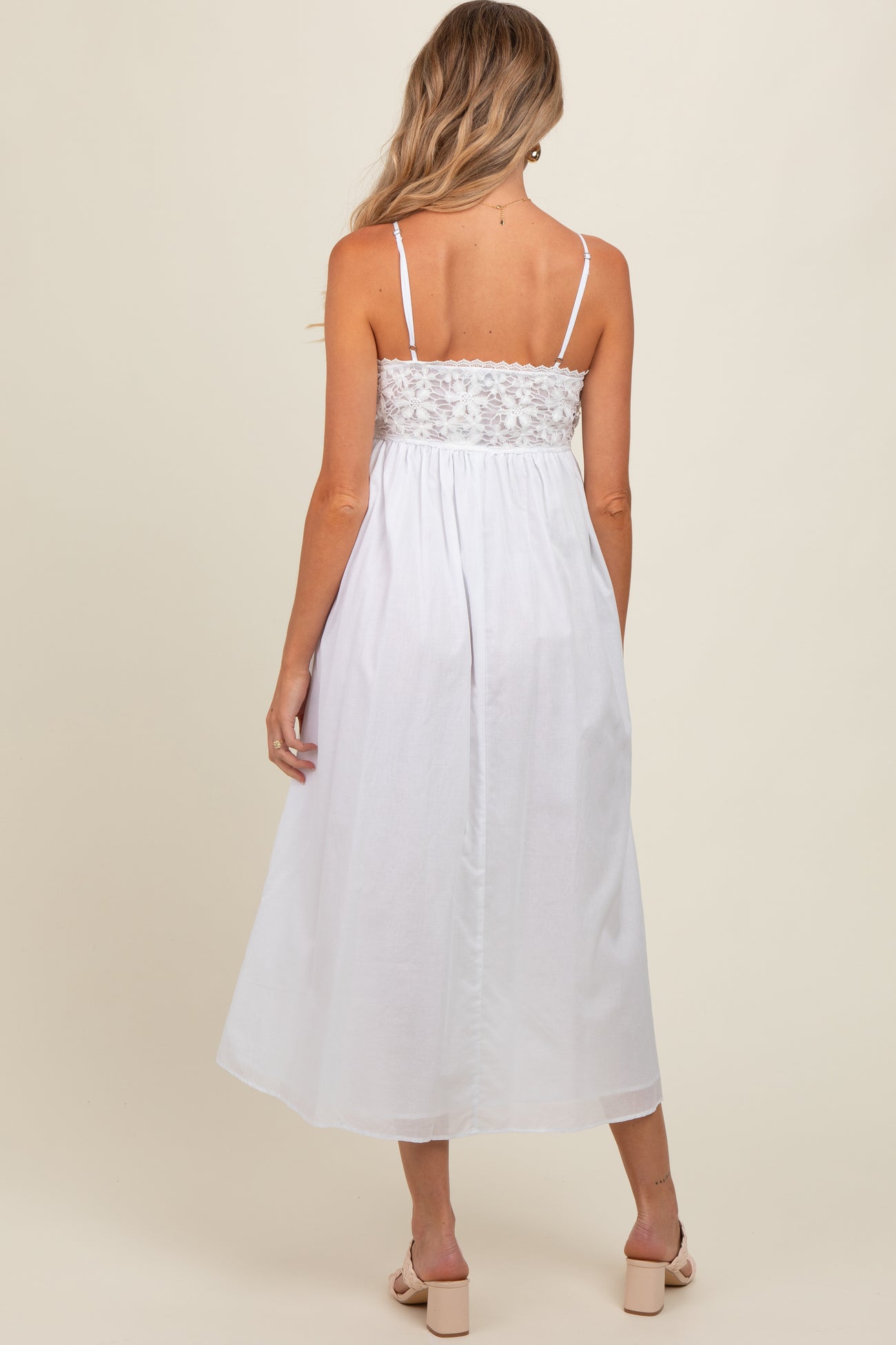 White Floral Crochet Contrast Maternity Midi Dress