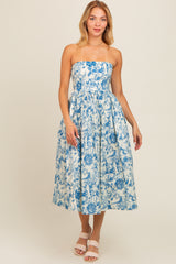 Blue Floral Strapless Midi Dress