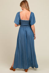 Blue Chambray Smocked Maternity Maxi Dress