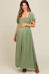 Light Olive Chambray Smocked Maternity Maxi Dress