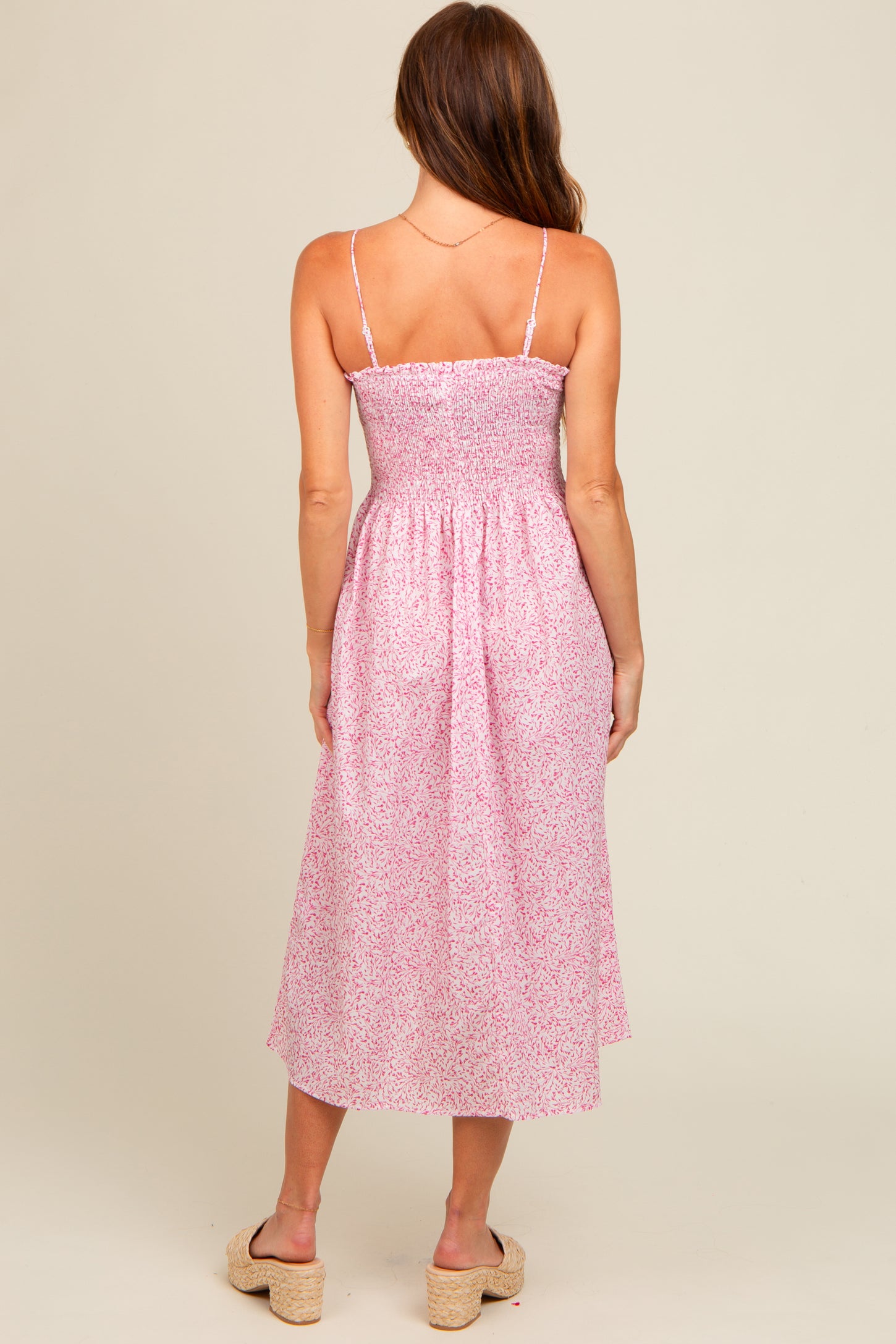 Pink Printed Smocked Midi Dress
