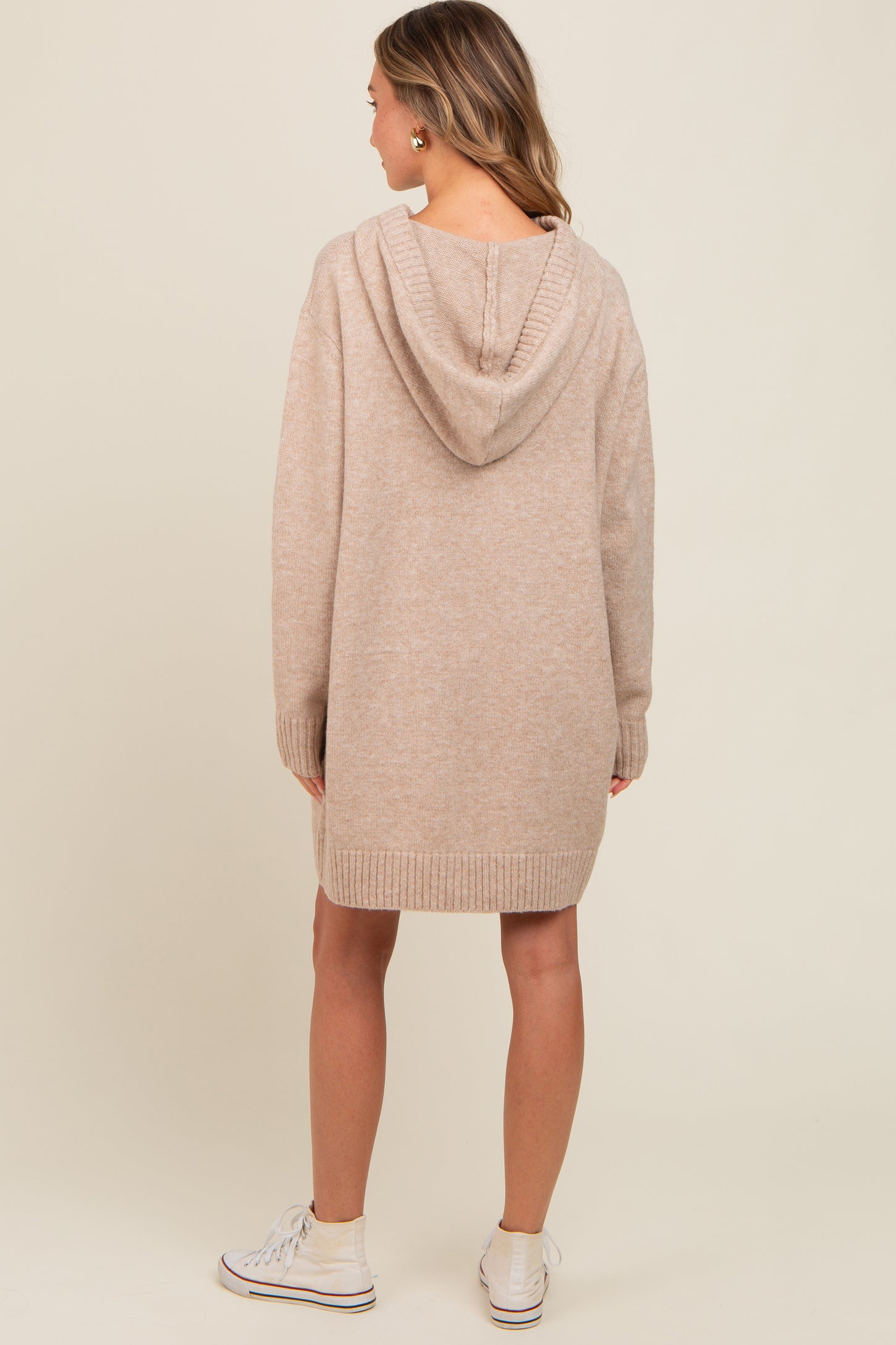 Taupe Hooded Front Pocket Sweater Dress