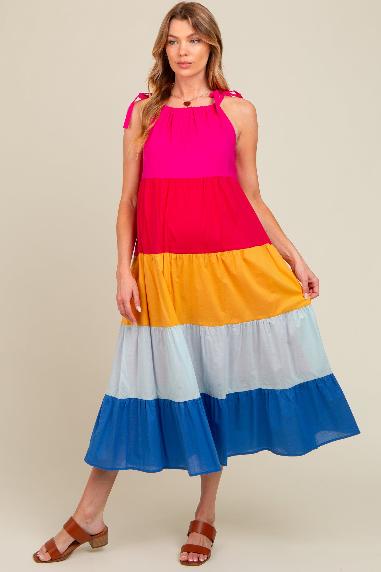 Fuchsia Colorblock Tiered Maternity Midi Dress
