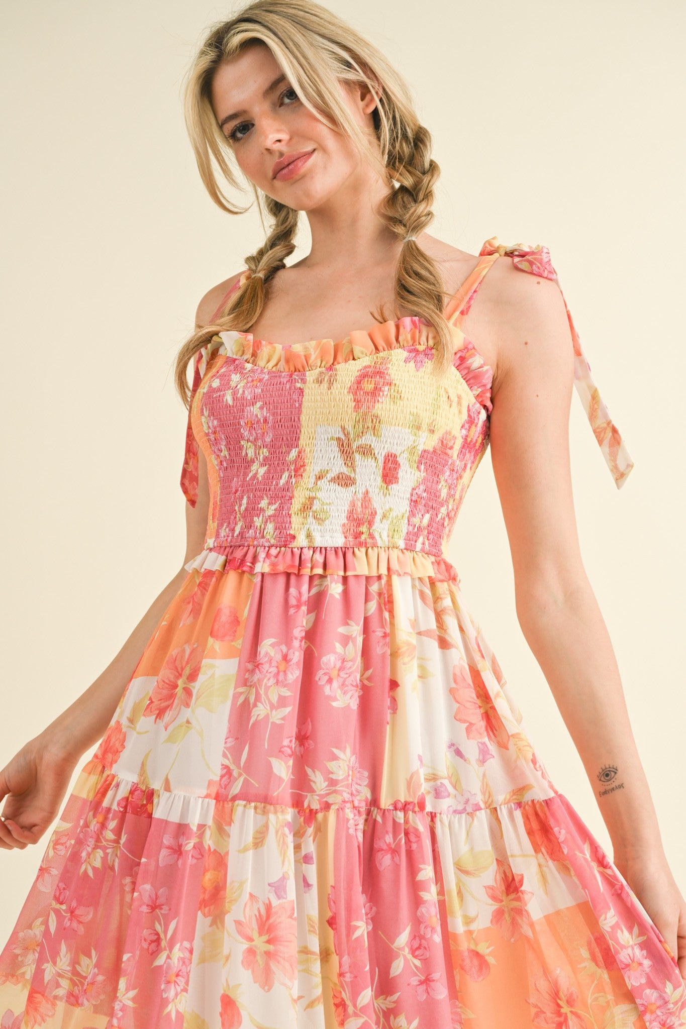 Ivory Floral Smocked Tiered Midi Dress