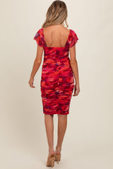 Red Floral Off Shoulder Ruched Maternity Fitted Dress
