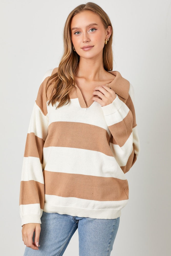 Camel Wide Stripe Polo Sweater