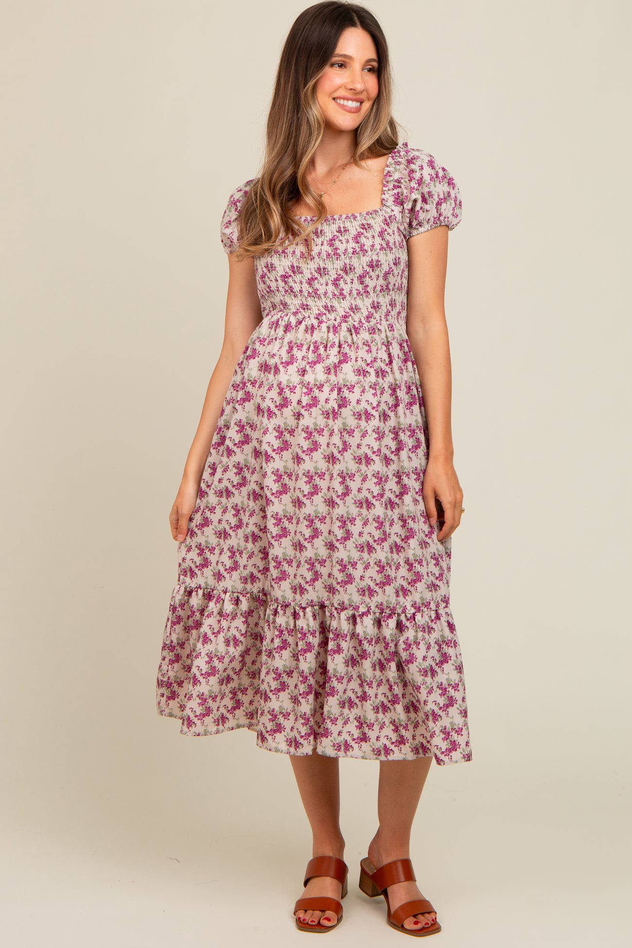 Magenta Floral Smocked Ruffle Hem Maternity Midi Dress