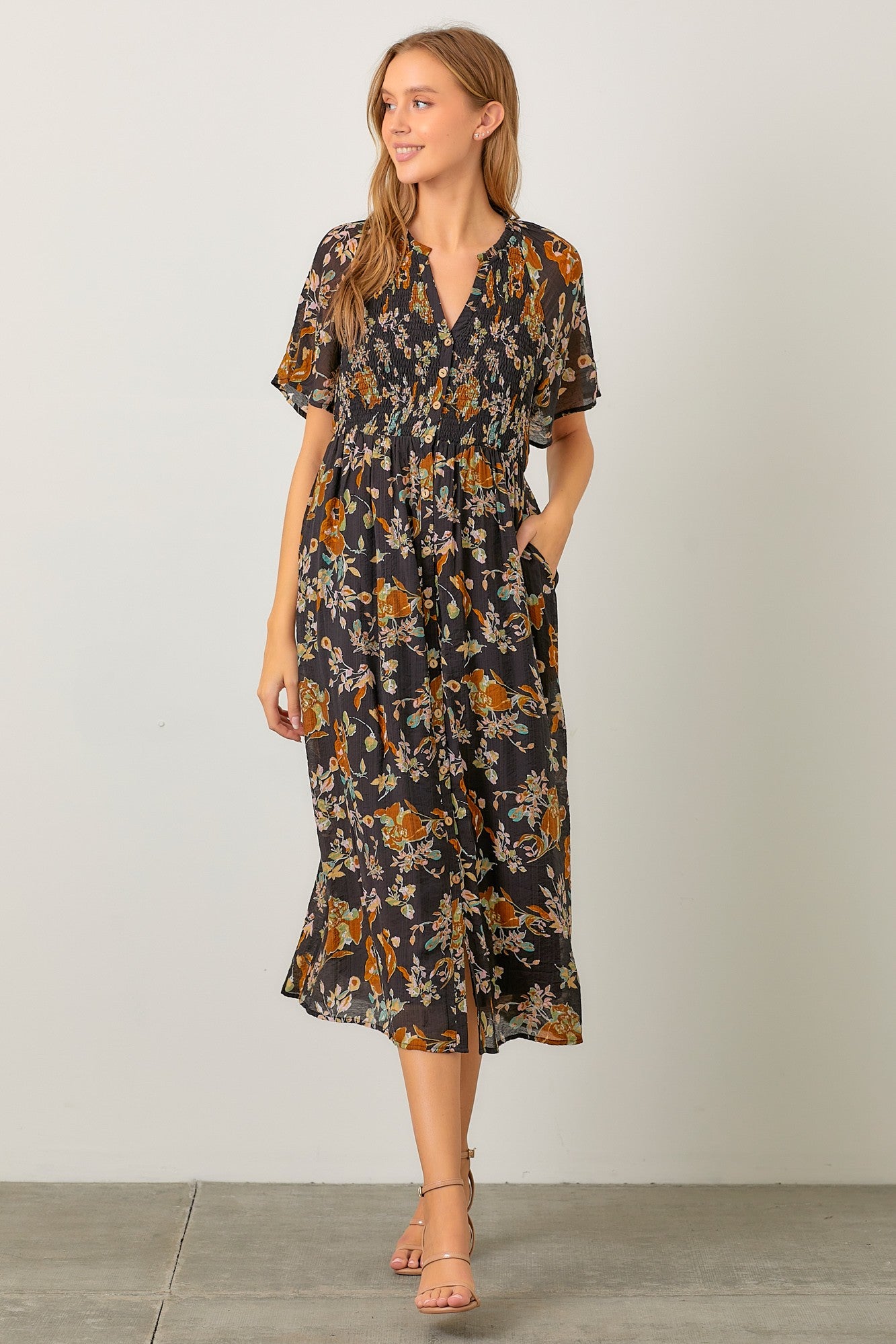 Black Smocked Floral Midi Dress