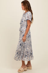 Cream Floral Pleated Midi Dress