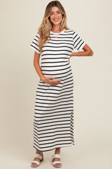 White Striped Side Slit Maternity Maxi Dress