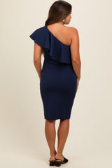 Navy Ruffle One-Shoulder Maternity Midi Dress