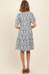 Navy Jacquard Damask Print Dress