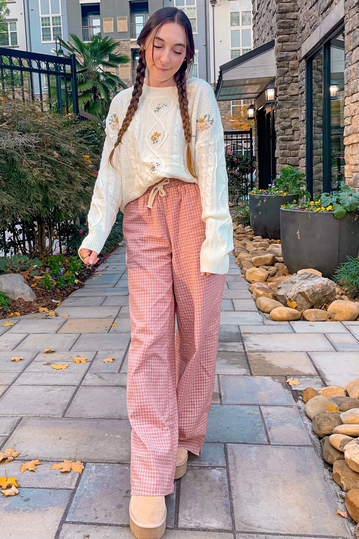 Pink Drawstring Checker Plaid Maternity Pants