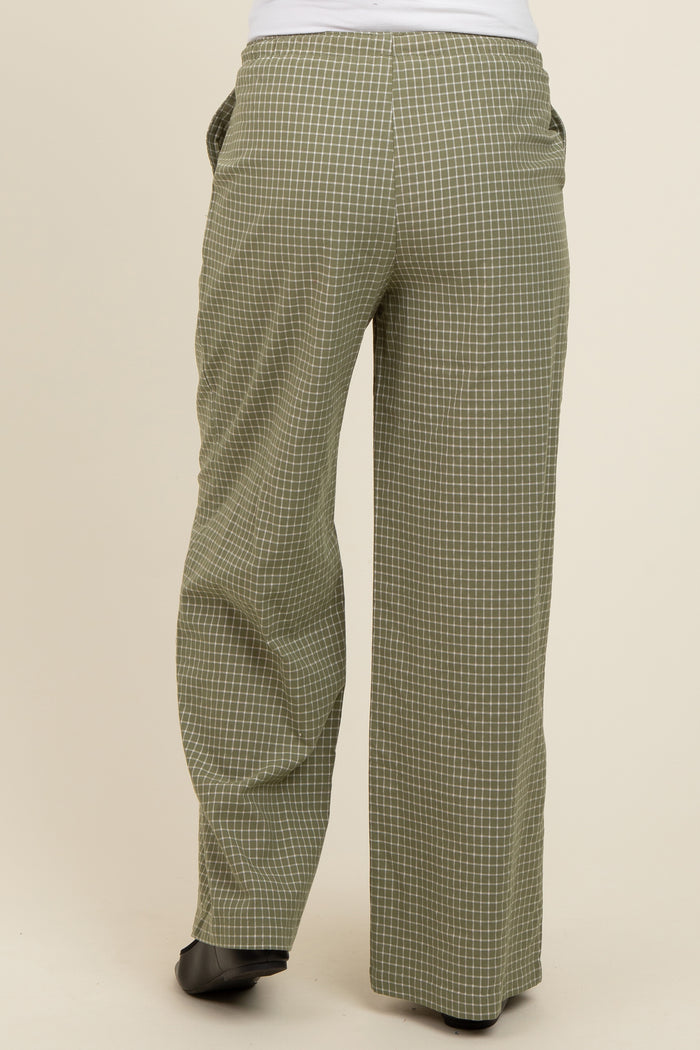 wide leg maternity pants in olive green with a checked pattern, shown from the back