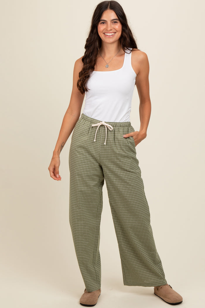 Olive Drawstring Checker Plaid Maternity Pants