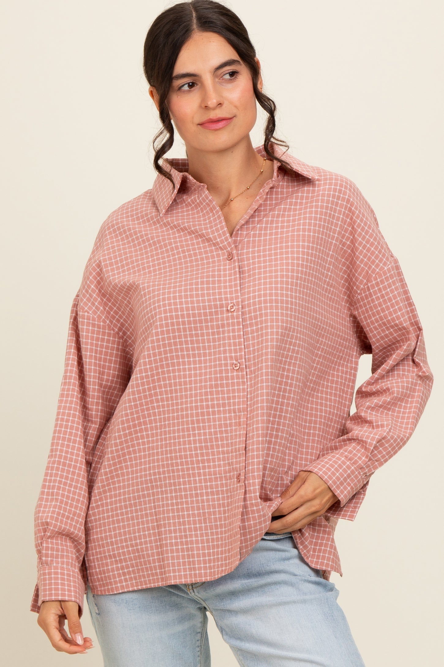 Pink Checker Plaid Button Down Maternity Shirt