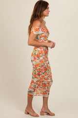 Orange Floral Off Shoulder Ruched Midi Dress