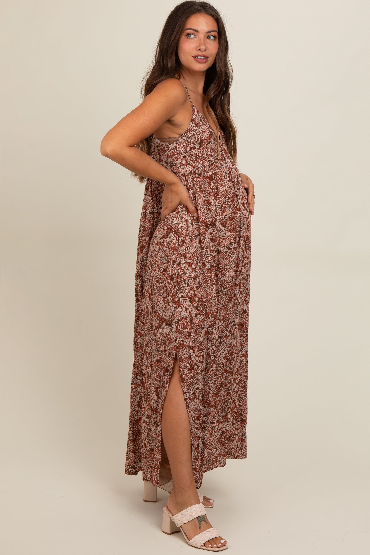 Rust Paisley Babydoll Cami Strap Maternity Maxi Dress
