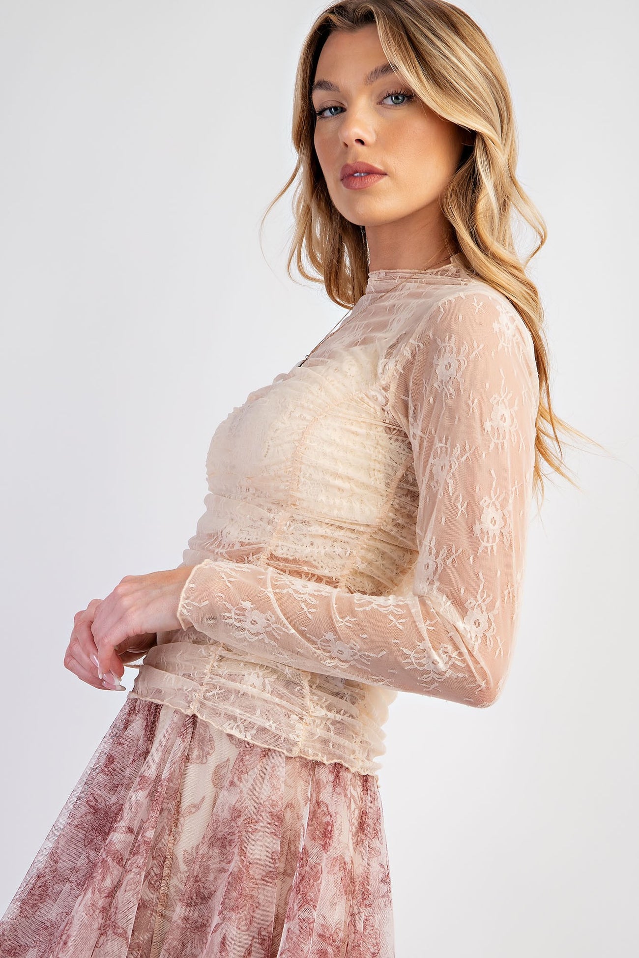 Ivory Ruched Sheer Lace Top
