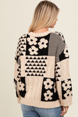 Beige Floral Mixed Print Cable Knit Sweater