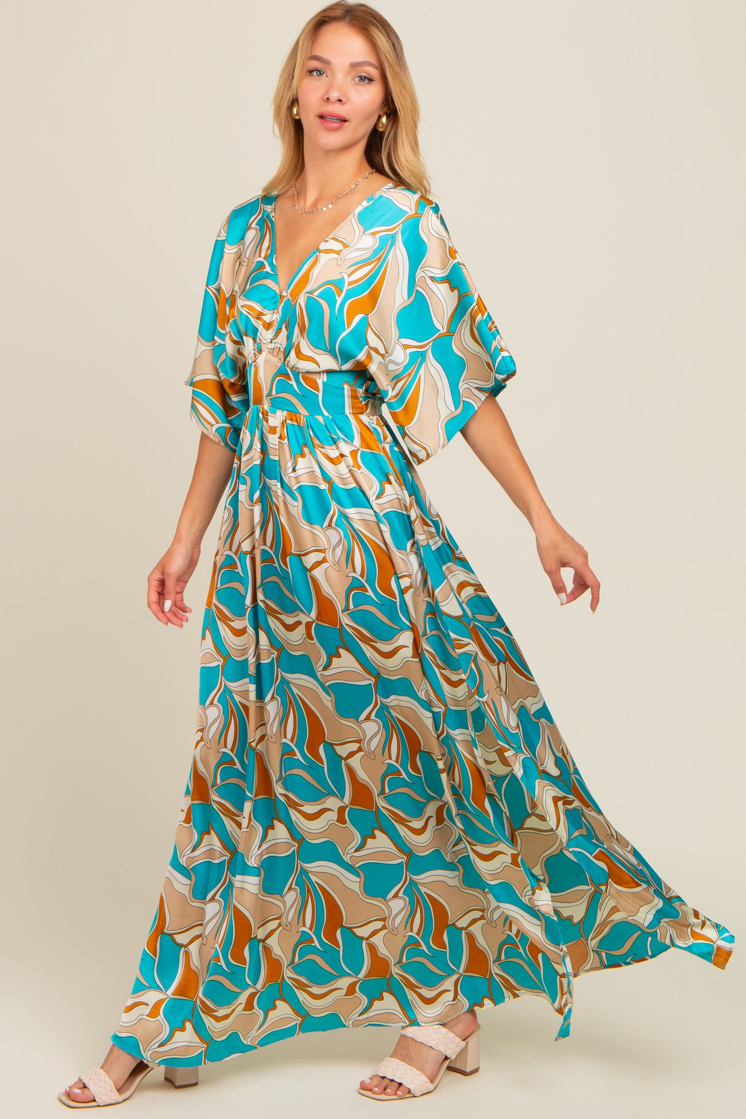 Light Blue Printed Deep V-Neck Maxi Dress