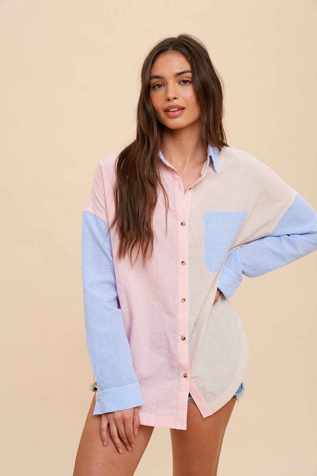 Blue Colorblock Gingham Maternity Button Down Top