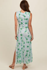 Light Blue Rose Print Ruched Mesh Dress