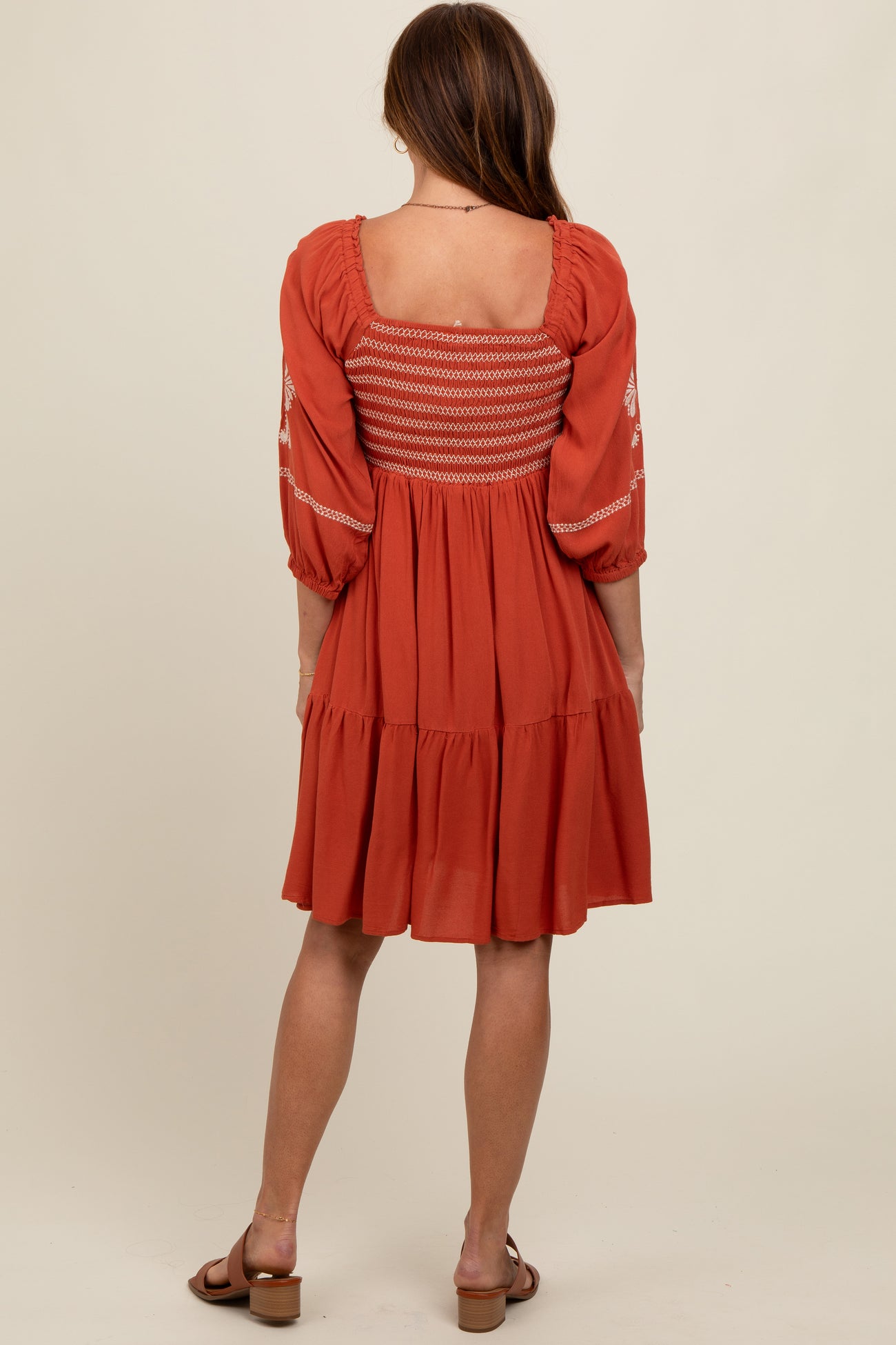Rust Smocked Embroidered Damask Dress