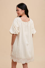 Cream Embroidered Puff Sleeve Dress