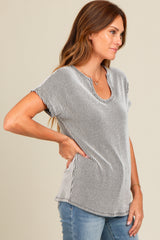Black Ribbed Split Neckline Short Sleeve Top