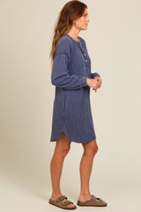 Navy Ribbed Button Accent Dress
