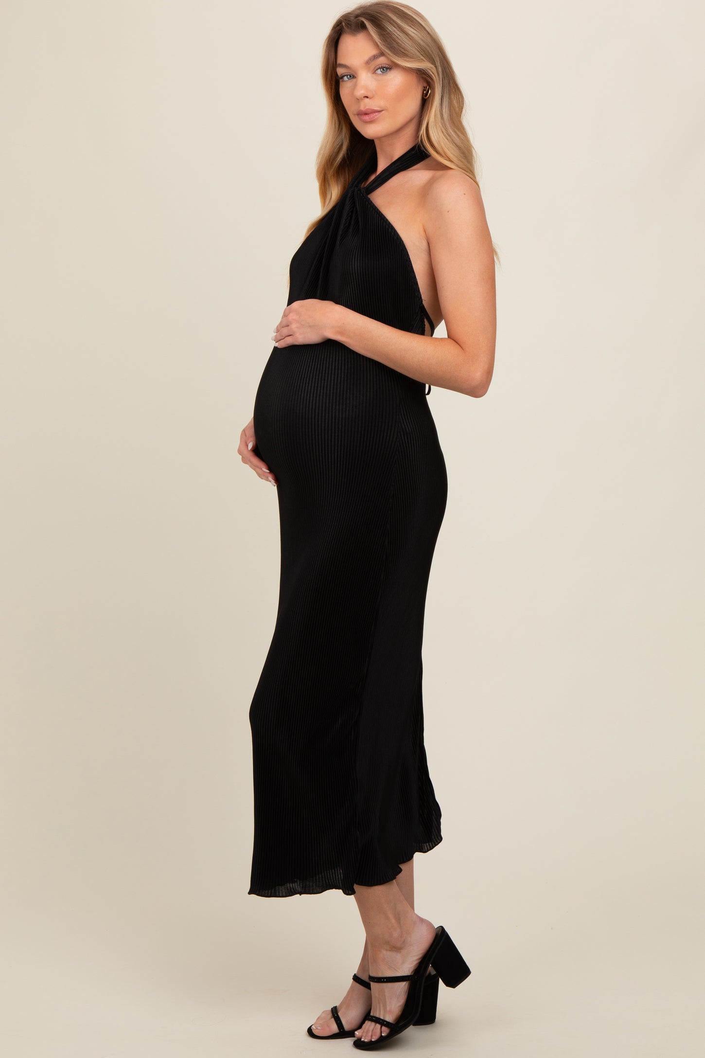 Black Knot Front Plisse Halter Maternity Midi Dress