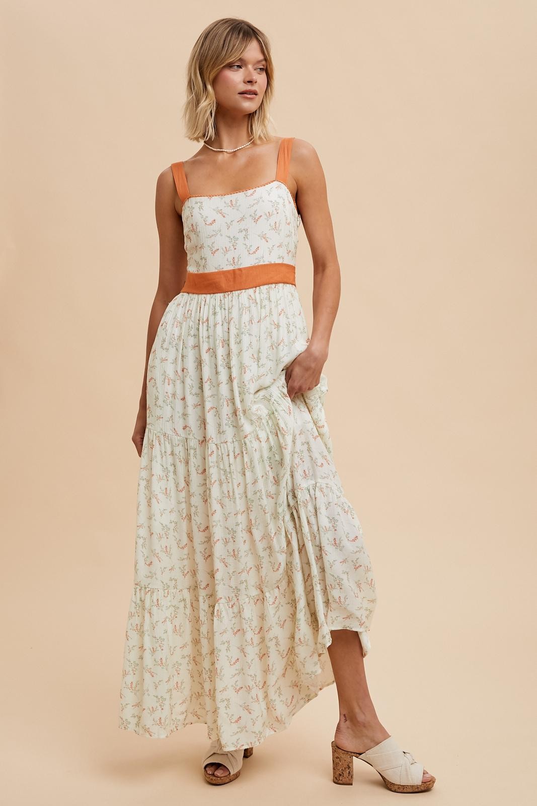 Orange Floral Contrast Sash Tie Maternity Maxi Dress