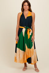 Multicolor V-Neck Satin Pleated Maxi Dress