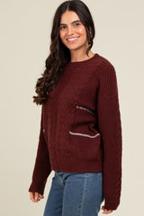 Brown Striped Mixed Cable Knit Sweater